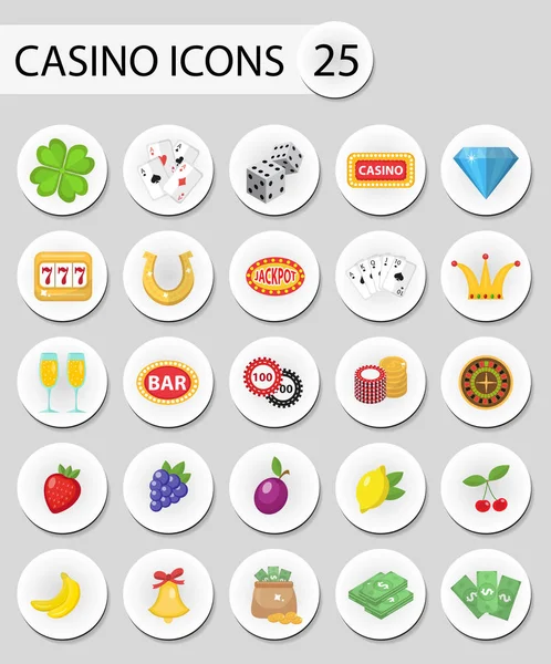 Casino icons stickers, flat style. Gambling set isolated on a white background. Poker, card games, one-armed bandit, roulette collection. Vector illustration. Stock Illustration