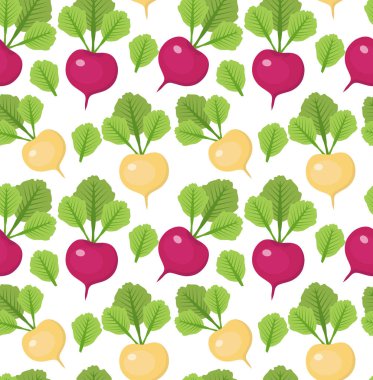 Turp seamless modeli. Kırmızı ve beyaz turp sonsuz arka plan, doku. Sebze. Vektör çizim
