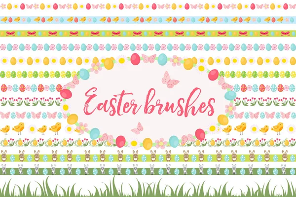 Húsvéti határok, Dísz, garland készlet. Banner a fű, tojás, virágok és egyéb elemek. Vektoros illusztráció, ClipArt-elemek felvétele. — Stock Vector