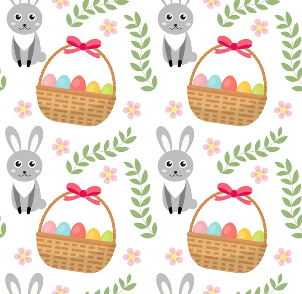 Húsvéti varrat nélküli mintát nyúl és a tojás kosár. Végtelen tavasz háttér, a textúra, a digitális papír. Vektoros illusztráció. — Stock Vector