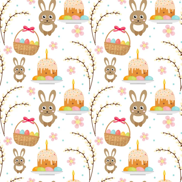 Easter seamless pattern with rabbit, egg basket, cake, pussy willow. Endless Spring background, texture, digital paper. Vector illustration. — Stockový vektor