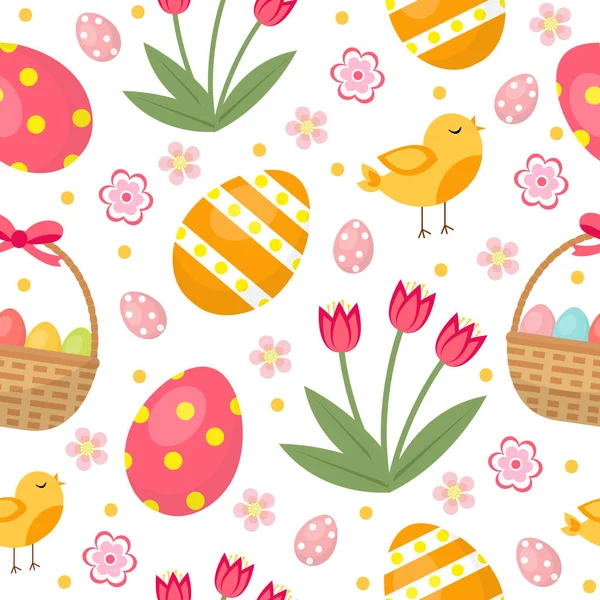 Lindo patrón sin costuras de Pascua con huevos en cesta, pájaros y flores. Fondo de primavera sin fin, textura, papel digital. Ilustración vectorial . — Vector de stock