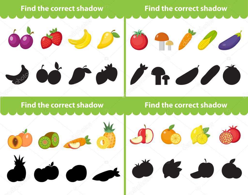 Childrens educational game, find correct shadow silhouette. Items for the right shade. Vector illustration