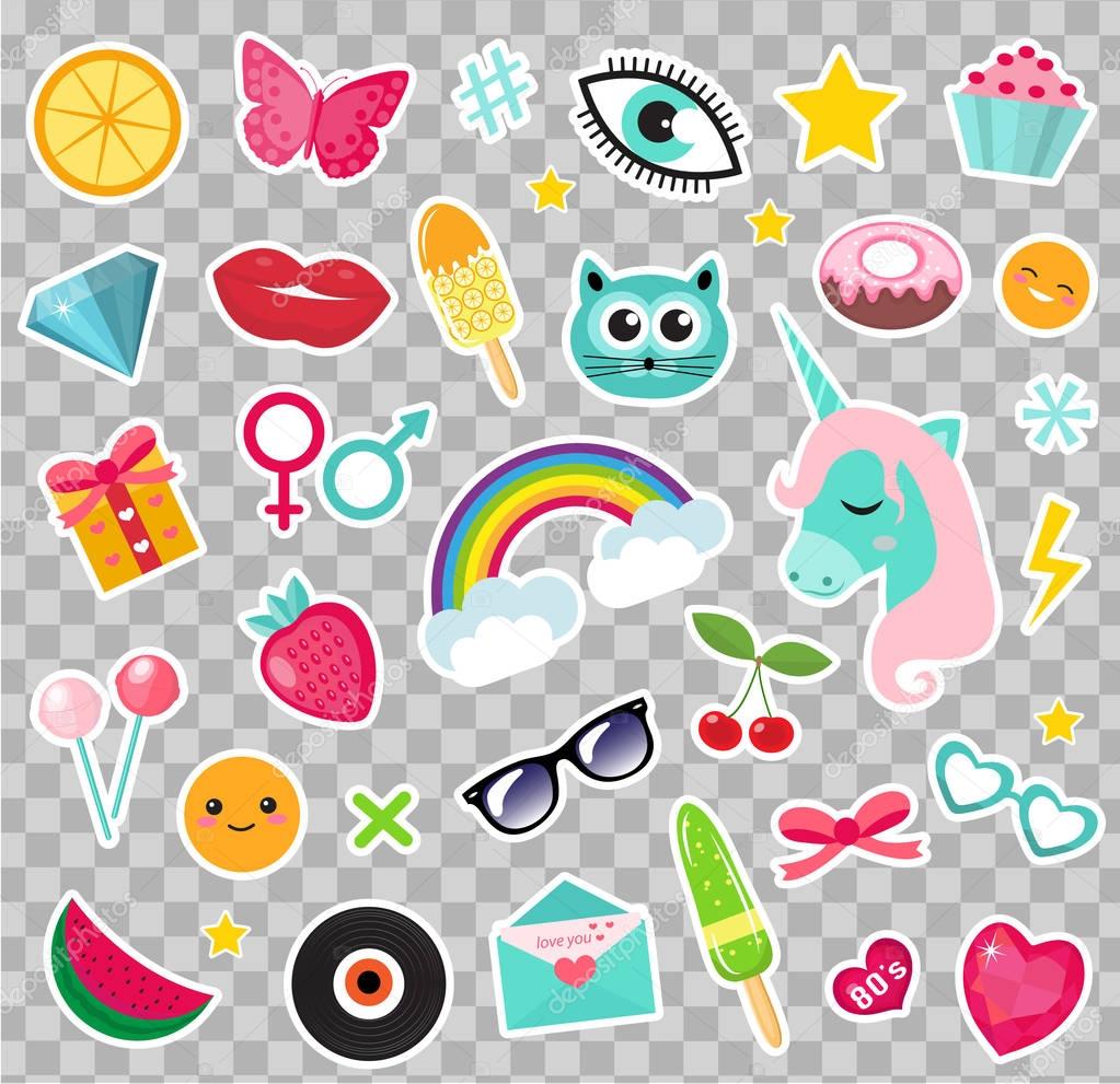 Fashion set of patches 80s comic style. Pins, badges and stickers Collection cartoon pop art with a unicorn, rainbow, lips, emoji. Vector illustration.