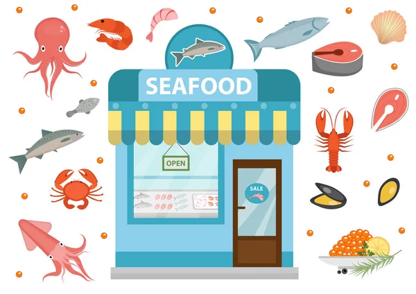 Seafood icons set with  shop building, fish, octopus, squid, shrimp, crab. Isolated on white background. Vector illustration — Stock Vector