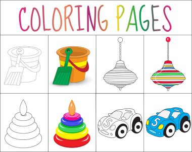 Boyama kitabı sayfası kümesini. Oyuncak koleksiyonu. Kroki ve renk sürümü. çocuklar için. Çocuk eğitim. Vektör çizim