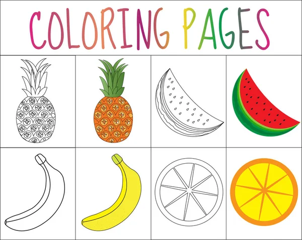 Boyama kitabı, sayfa ayarlayın. Meyve toplama. Kroki ve renk sürümü. çocuklar için. Çocuk eğitim. Vektör çizim — Stok Vektör