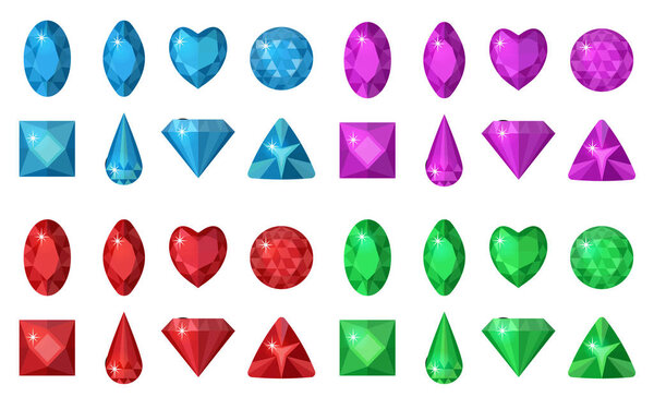 Multi-colored gems set. Jewelry, crystals collection isolated on white background. Diamonds  different  cut. Colorful gemstones . Realistic, cartoon style. Vector illustration, clip art