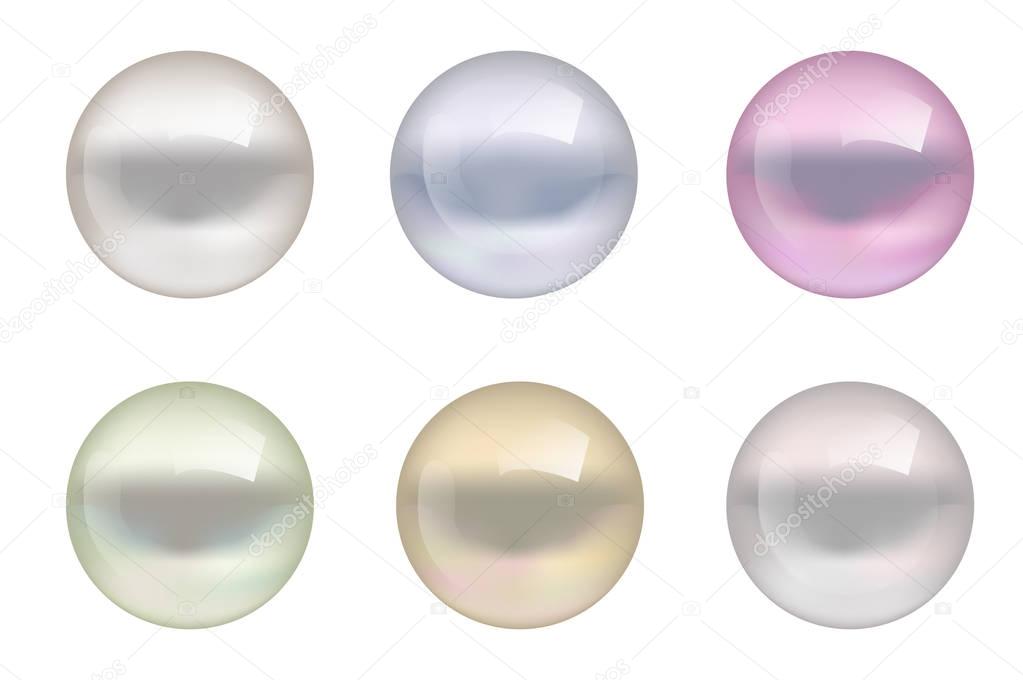 Realistic pearls of different colors set. Collection  jewelry gems isolated on white background. Vector illustration