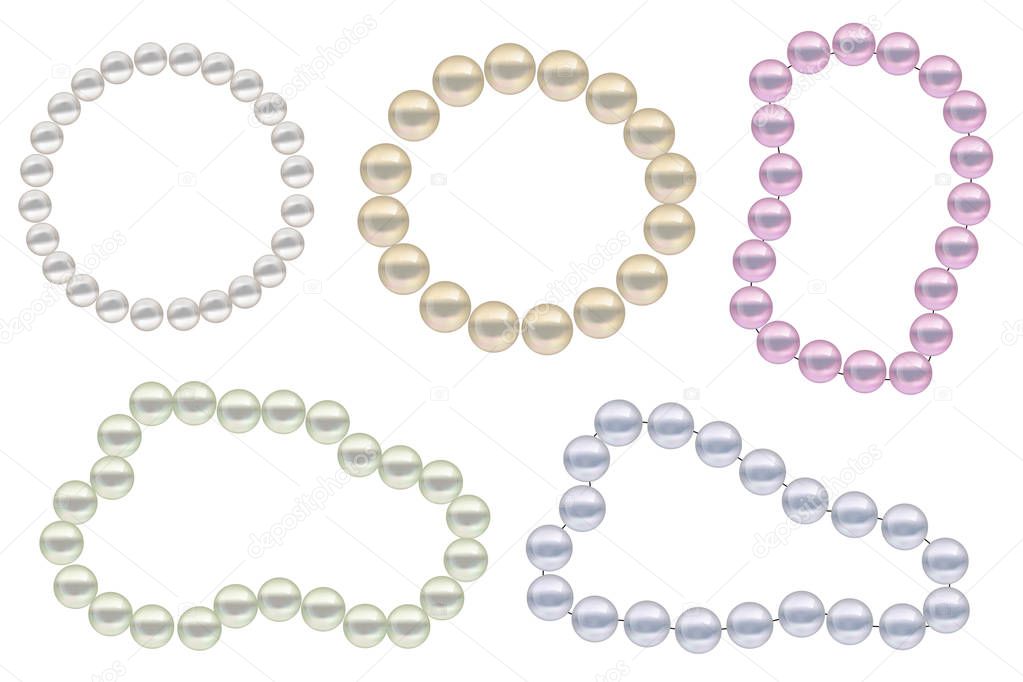 Realistic beads of pearls set. Collection borders jewelry decoration. Vector illustration.