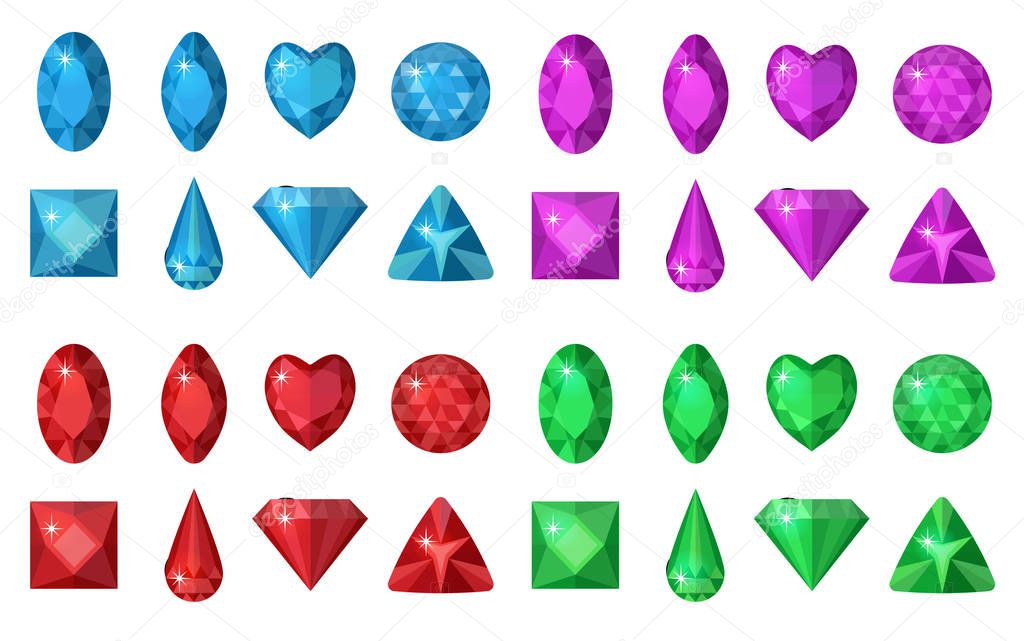 Multi-colored gems set. Jewelry, crystals collection isolated on white background. Diamonds  different  cut. Colorful gemstones . Realistic, cartoon style. Vector illustration, clip art
