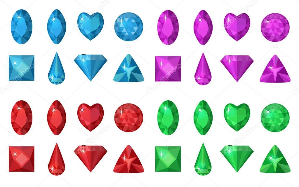 Multi-colored gems set. Jewelry, crystals collection isolated on white background. Diamonds  different  cut. Colorful gemstones collection. Realistic, cartoon style. Vector illustration, clip art