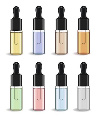 Gerçekçi esans veya bitkisel ilaç paket beyaz arka plan üzerinde izole. Özü mock-up ürün şişe. Kozmetik 3d flacon. Şeffaf vape sıvı. Vektör çizim