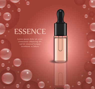 Tasarımınız için gerçekçi temel yağ ya da bitkisel ilaç paketi şablonu. Esans posteri, taklit ürün şişesi. Kozmetik 3D flakon. Şeffaf sıvı şişesi. Vektör illüstrasyonu.