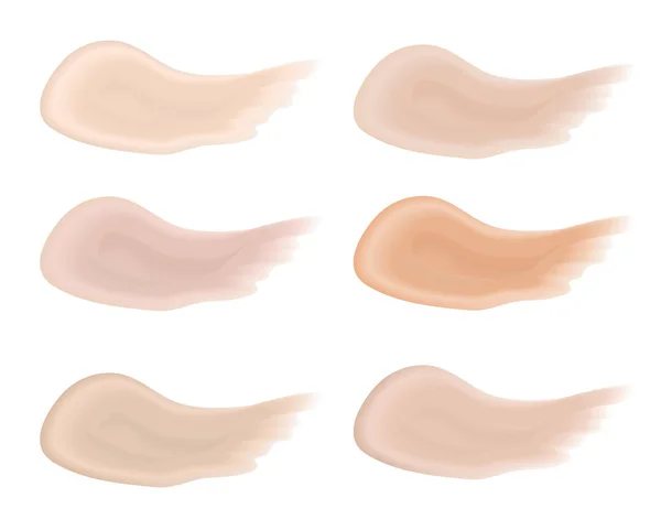 Realista bb crema trazos conjunto. Paleta multicolor salpica el tono de la piel, maquillaje Fundación. Aislado sobre fondo blanco. Ilustración vectorial — Archivo Imágenes Vectoriales