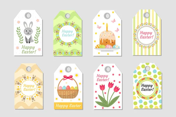 Lindo conjunto de etiquetas de Pascua. Colección de etiquetas con conejo, huevos y flores. Plantillas de primavera para su diseño. Ilustración vectorial . — Vector de stock