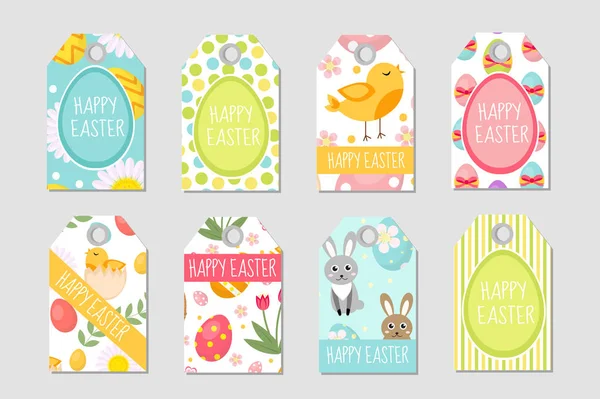 Söt påsk Taggar set. Etiketter samling med kanin, ägg och blommor. Våren mallar för din design. Vektorillustration — Stock vektor