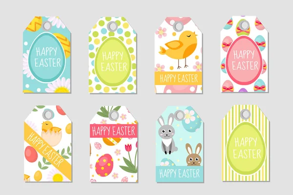 Lindo conjunto de etiquetas de Pascua. Colección de etiquetas con conejo, huevos y flores. Plantillas de primavera para su diseño. Ilustración vectorial — Vector de stock