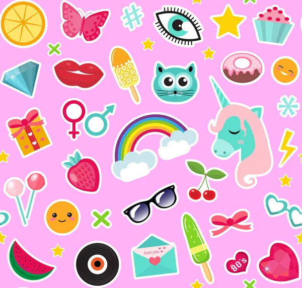 Moda Dikişsiz desen yamalar 80s çizgi roman tarzı. Pim, rozetleri ve etiketlerini koleksiyonu pop sanat bir tek boynuzlu at, gökkuşağı, dudaklar, emoji ile karikatür. Vektör çizim.