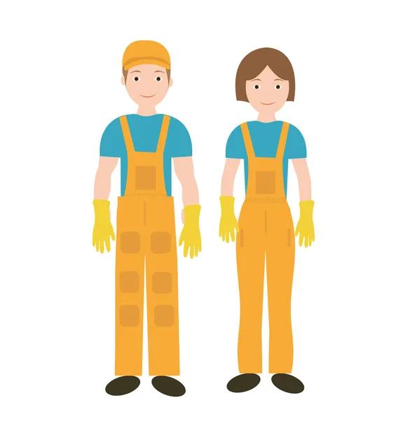 Reinigungskräfte in Uniform Frau und Mann Ikone, flacher Stil. Arbeiter isoliert auf weißem Hintergrund. Vektorillustration. — Stockvektor