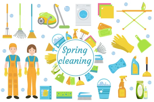 Spring Cleaning icons, flat style. Housekeeping frame with tools isolated on white background. Vector illustration. — Stock Vector