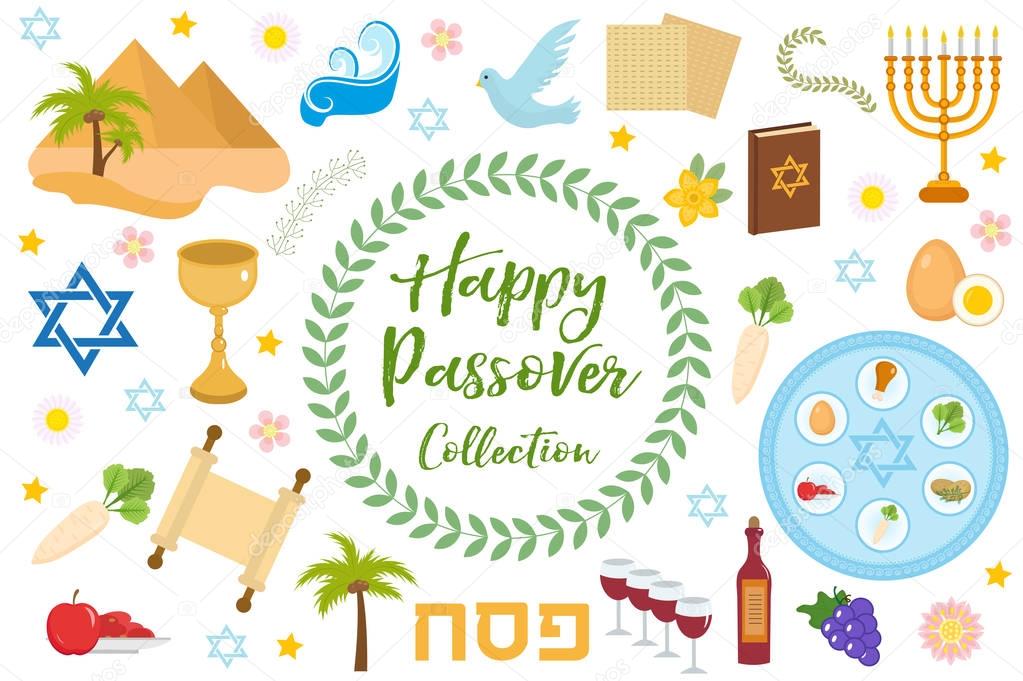 Passover icons set. flat, cartoon style. Jewish holiday of exodus Egypt. Collection with Seder plate, meal, matzah, wine, torus, pyramid. Isolated on white background Vector illustration.