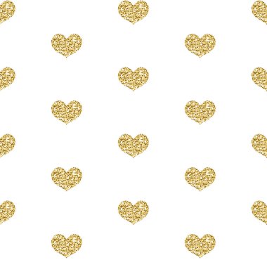Altın parıltı Dikişsiz desen beyaz arka plan üzerinde izole kalp. Parlayan kalp sonsuz arka plan, doku. Vektör çizim, küçük resim.