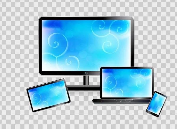 Smartphone, Laptop, Monitor, Tablet auf transparentem Hintergrund. Vektorillustration. — Stockvektor