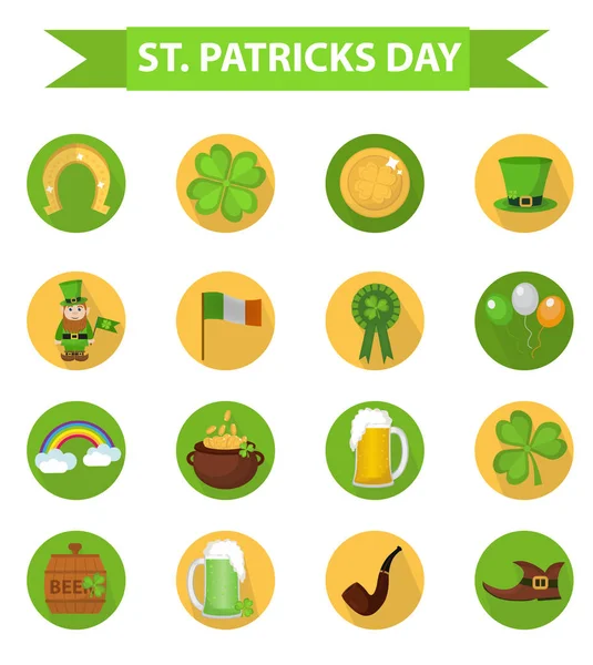 Día de San Patricio icono conjunto elemento de diseño. Símbolos irlandeses tradicionales en estilo plano moderno. Aislado sobre fondo blanco. Ilustración vectorial, clip art. — Vector de stock