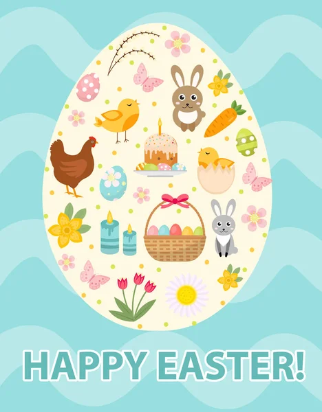 Glad påsk hälsning kort, flyer, affisch med en uppsättning ikoner, symboler för påsk. Våren söt mall för din design. Vektorillustration. — Stock vektor