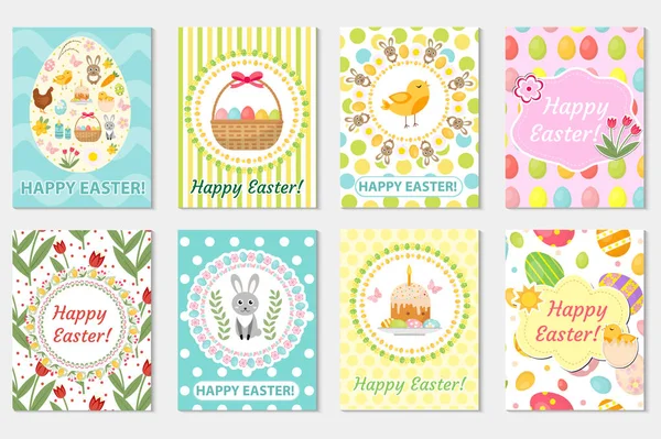 Selamat pengumpulan kartu ucapan Paskah, selebaran, poster. Spring cute set template untuk desain Anda. Ilustrasi vektor - Stok Vektor