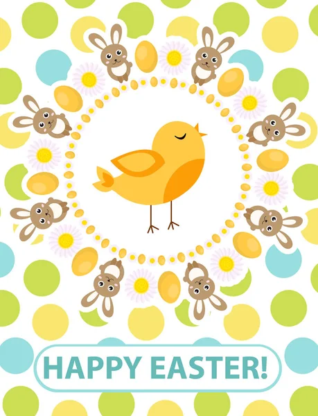 Glad påsk hälsning kort, reklamblad, affisch med gula chick. Våren söt mall för din design. Vektorillustration. — Stock vektor