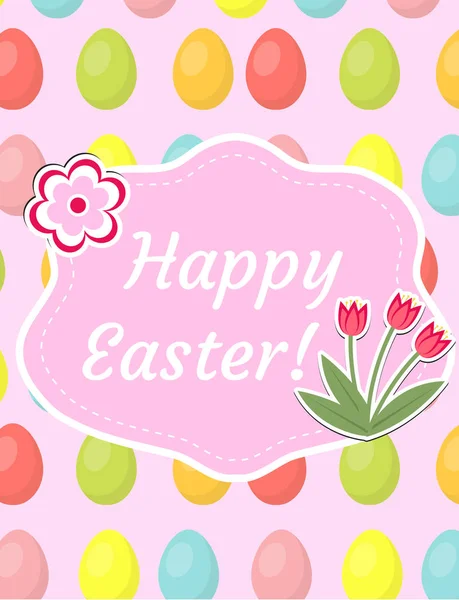 Buona Pasqua biglietto di auguri, volantino, poster con tulipani rossi e uova. Primavera modello carino per il vostro design. Illustrazione vettoriale . — Vettoriale Stock