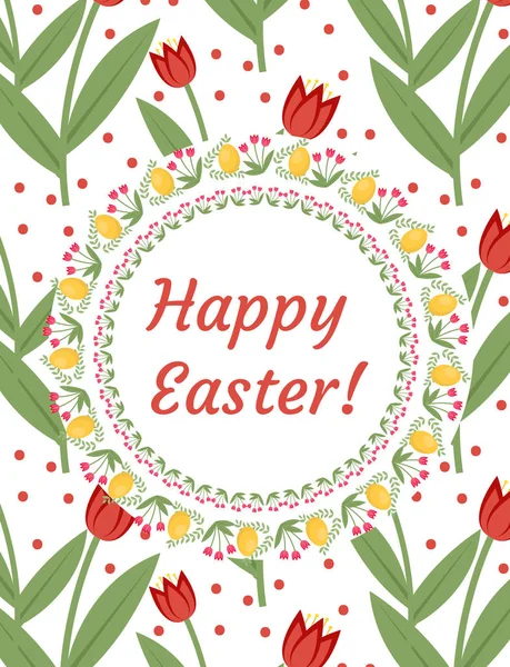 Glad påsk hälsning kort, reklamblad, affisch med Röda tulpaner. Våren söt mall för din design. Vektorillustration. — Stock vektor