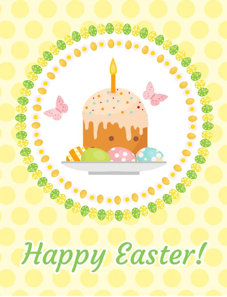 Glad påsk hälsning kort, reklamblad, affisch med påsk kaka och ägg. Våren söt mall för din design. Vektorillustration. — Stock vektor