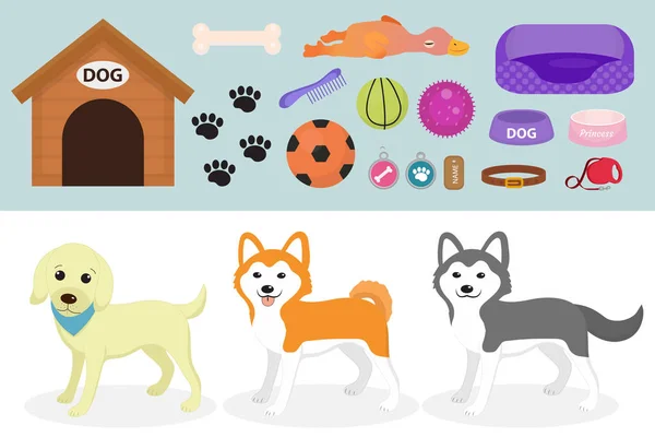 Hundar stuff ikon set med tillbehör för sällskapsdjur, platt stil, isolerade på vit bakgrund. Tamdjur samling med en Husky, akita inu, lablador. Hundvalp leksak. Vektorillustration, ClipArt. — Stock vektor