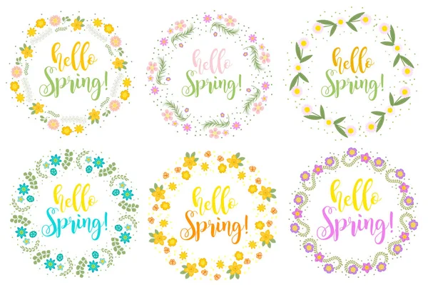 Hello Spring set cornice floreale per testo, isolato su sfondo bianco. Illustrazione vettoriale . — Vettoriale Stock