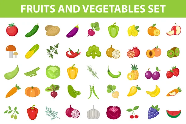 Verse groenten en fruit pictogrammenset, plat, cartoon-stijl. Bessen en kruiden geïsoleerd op een witte achtergrond. Landbouwproducten, vegetarisch voedsel. Vectorillustratie. — Stockvector