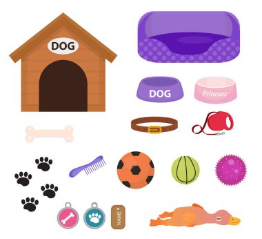 Köpek doldurma simgesi, ev hayvanları için aksesuarlar, düz stil, beyaz arka planda izole edilmiş. Yavru köpek. Köpek kulübesi, tasma, yemek. Evcil hayvan dükkanı konsepti. Vektör illüstrasyonu, klip sanatı.