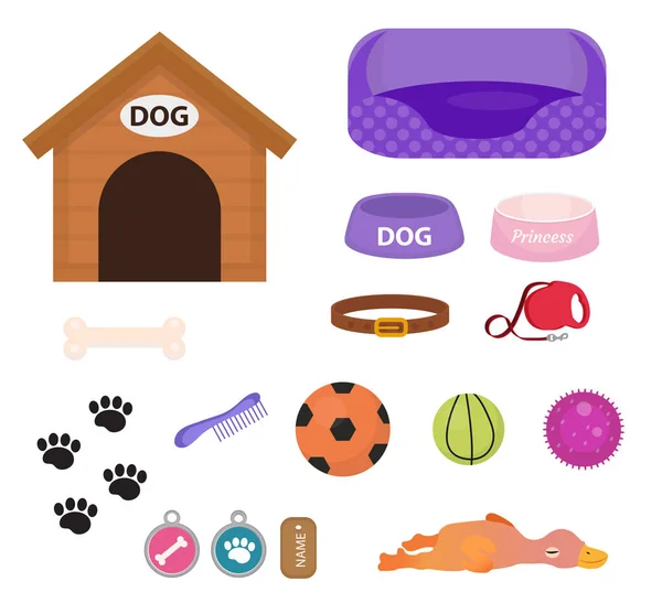 Honden spullen icon set met accessoires voor huisdieren, platte stijl, geïsoleerd op witte achtergrond. Puppy speelgoed. Hondenhok, halsband, eten. Huisdierenwinkel concept. Vector illustratie, clip art. — Stockvector