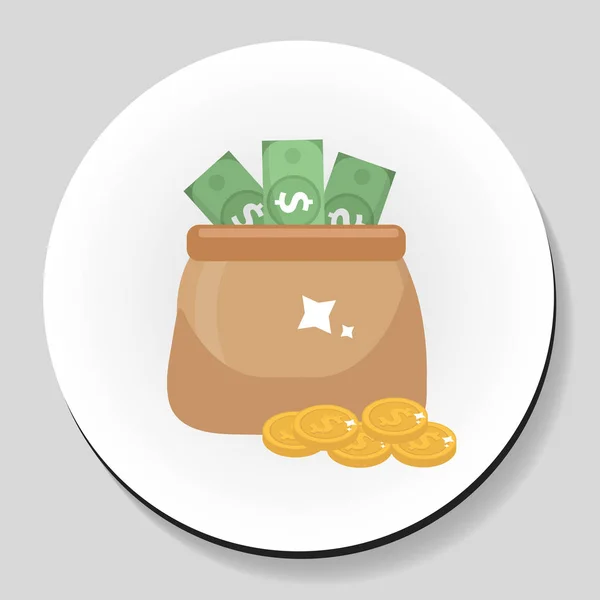 Zak met geld en munten sticker pictogram vlakke stijl. Vectorillustratie. — Stockvector
