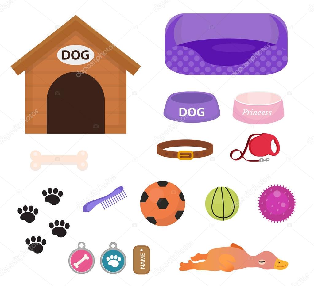 Dogs stuff icon set with accessories for pets, flat style, isolated on white background. Puppy toy. Doghouse, collar, food. Pet shop concept. Vector illustration, clip art.