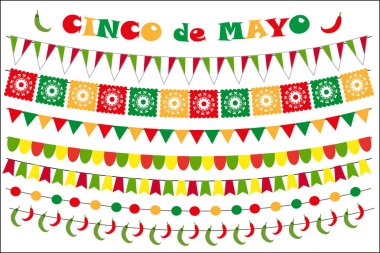Cinco de Mayo kutlama seti renkli bayraklar, çelenkler, kiraz kuşu. Düz stil, beyaz arka planda izole edilmiş. Vektör illüstrasyonu, klip sanatı.