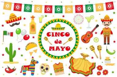 Cinco de Mayo kutlama Meksika, Icons set, tasarım öğesi, düz stil. Koleksiyon nesnelerinin Cinco de Mayo geçit pinata'yı, gıda, sambrero, tekila, kaktüs, bayrak. Vektör çizim, küçük resim