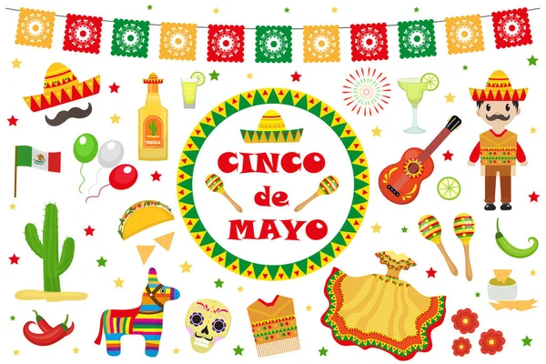 Celebración del Cinco de Mayo en México, set de iconos, elemento de diseño, estilo plano.Objetos de colección para desfile del Cinco de Mayo con piñata, comida, sambrero, tequila, cactus, bandera. Ilustración vectorial, clip art — Archivo Imágenes Vectoriales