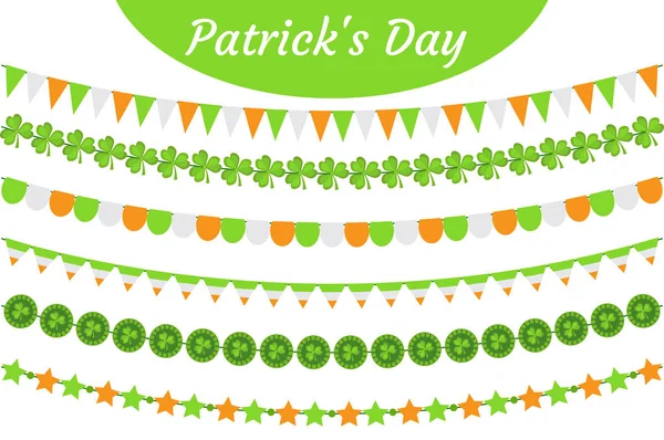 St. Patricks Day garland set. Festive decorations bunting. Party elements, flags, shamrock, clover. Isolated on white background. Vector illustration, clip art. — Stock Vector