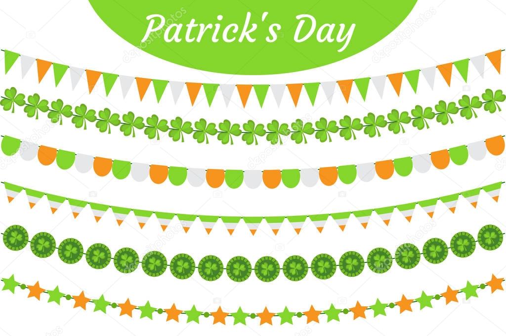 St. Patricks Day garland set. Festive decorations bunting. Party elements, flags, shamrock, clover. Isolated on white background. Vector illustration, clip art.