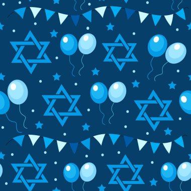 İsrail Bağımsızlık Günü 'nüz kutlu olsun. Bayrak ve kiraz kuşlarıyla kusursuz bir şablon. Yahudi Tatilleri. Sonsuz geçmiş, doku. Yahudi arka planı. Vektör illüstrasyonu.