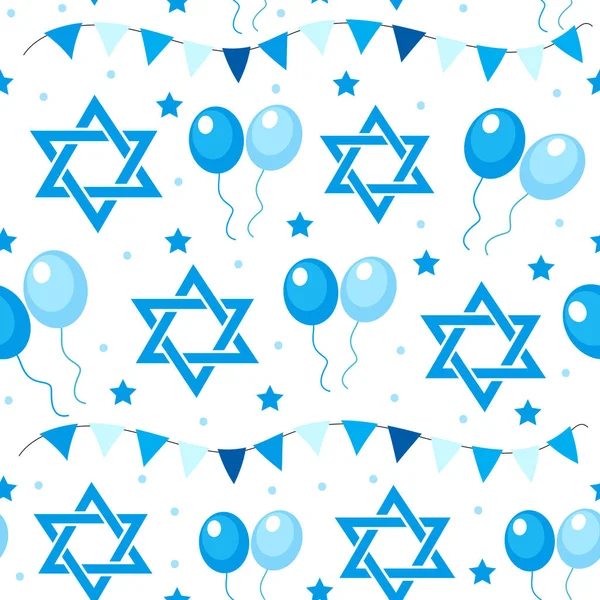 Szczęśliwego Dnia Niepodległości Izraela płynny wzór z flagami i bunting. Żydowskie święta niekończące się tło, tekstura. Żydowskie otoczenie. Ilustracja wektora. — Wektor stockowy