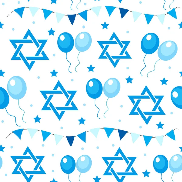 Padrão sem emenda feliz do Dia da Independência de Israel com bandeiras e bunting. Férias judaicas fundo sem fim, textura. Cenário judeu. Ilustração vetorial. —  Vetores de Stock